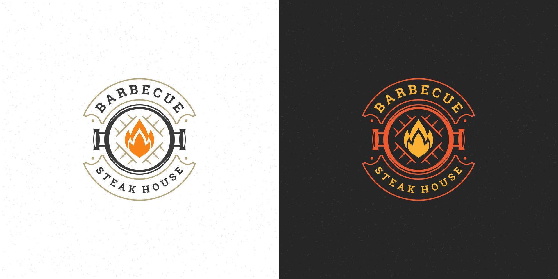 barbecue logo illustratie steak huis of bbq restaurant menu embleem rooster met vreugdevuur silhouet vector