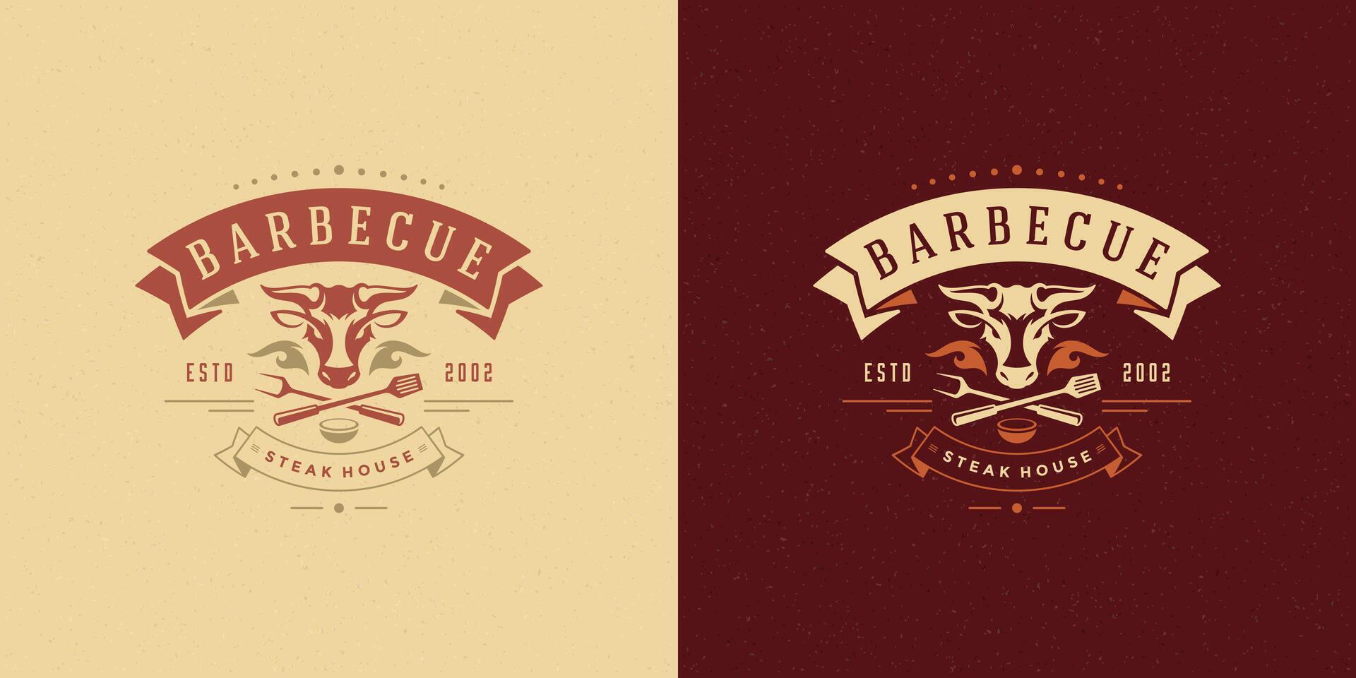 barbecue logo illustratie rooster steak huis of bbq restaurant menu embleem stier hoofd silhouet vector