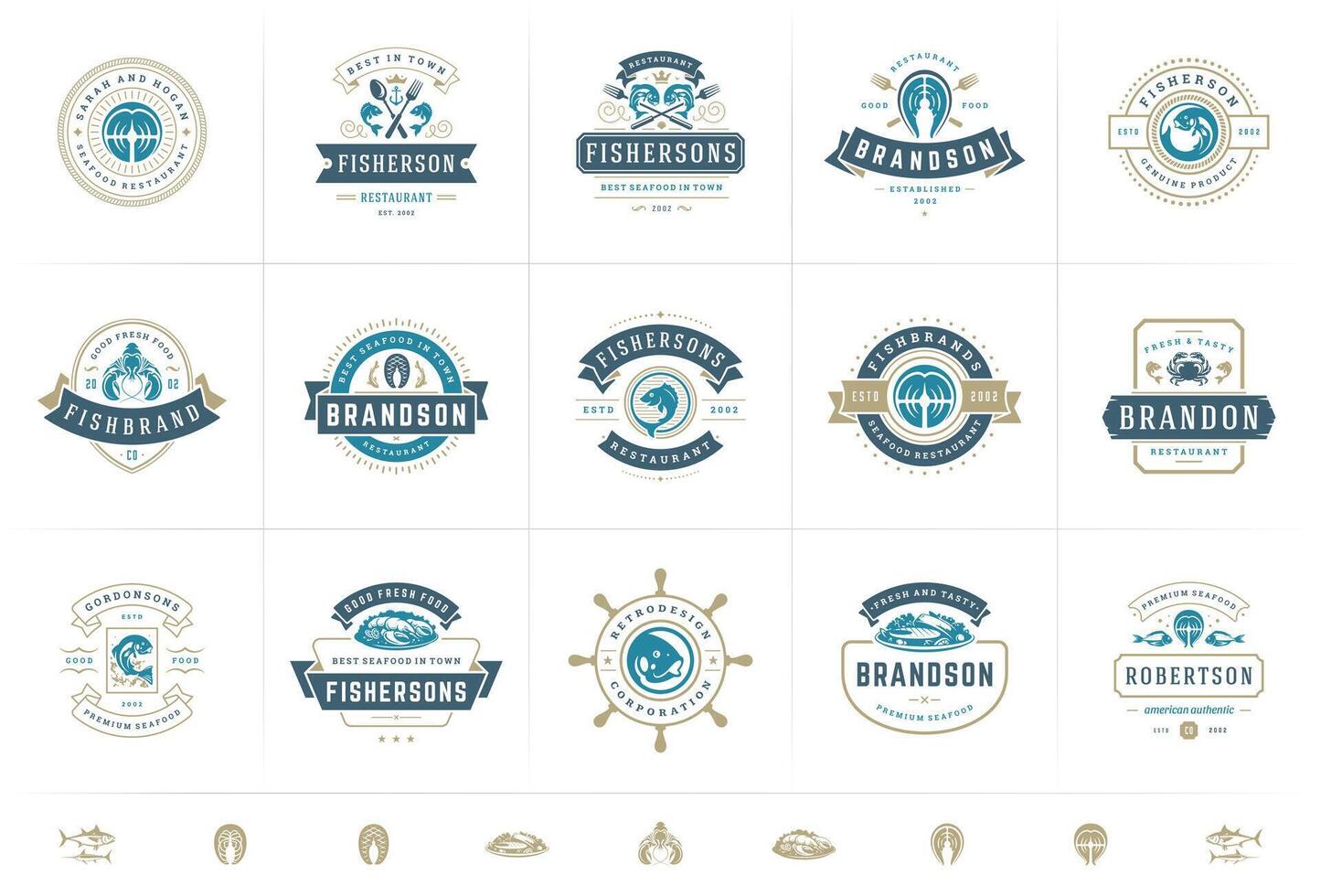 zeevruchten logos of tekens reeks illustratie vis markt en restaurant emblemen Sjablonen ontwerp vector