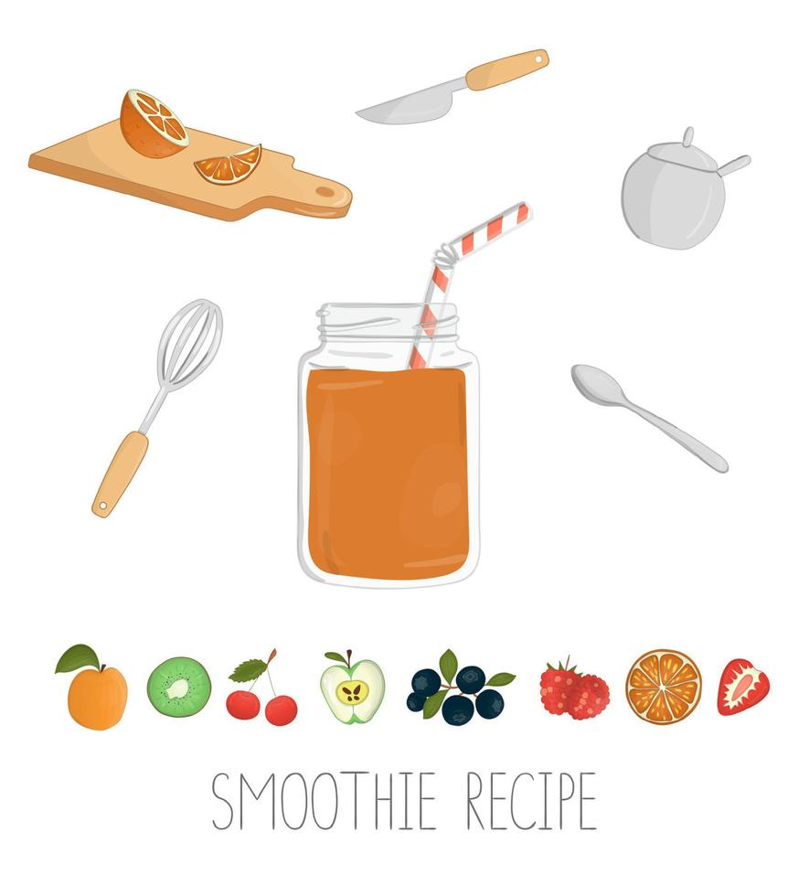 vectorillustratie van oranje smoothie in een glazen pot met stro buigen. smoothie recepten set. vers biologisch vegetarisch voedsel dat op witte achtergrond wordt geïsoleerd vector