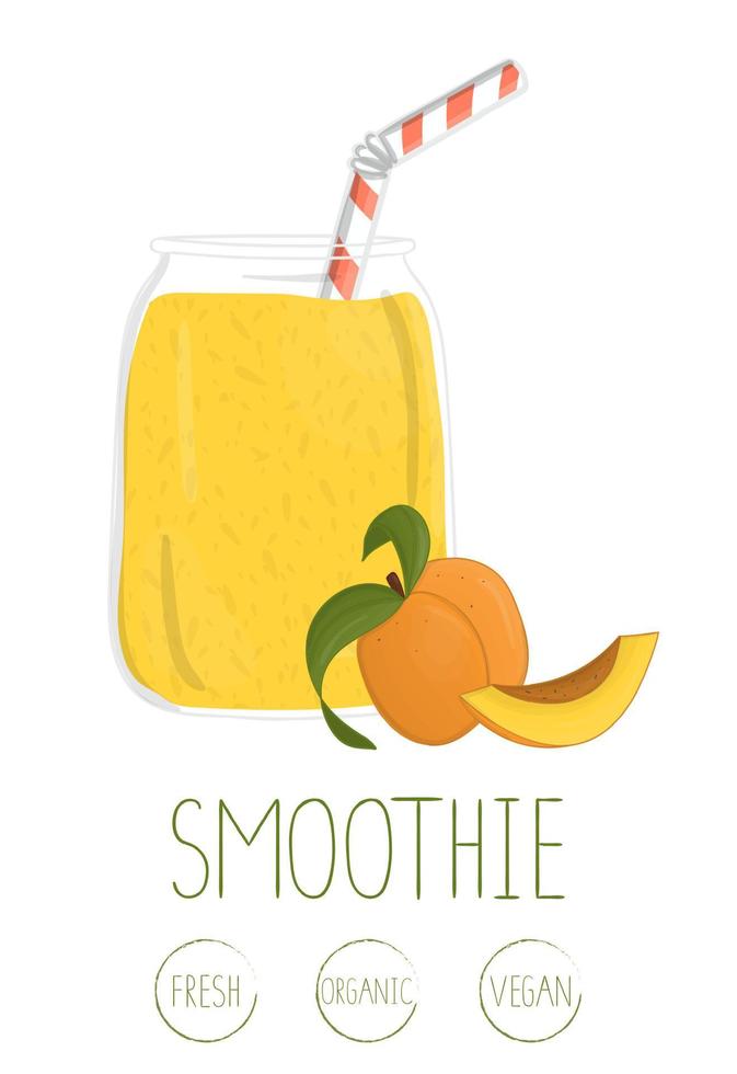 vectorillustratie van abrikoos smoothie in een glazen pot met stro en fruit buigen. vers biologisch vegetarisch voedsel dat op witte achtergrond wordt geïsoleerd vector