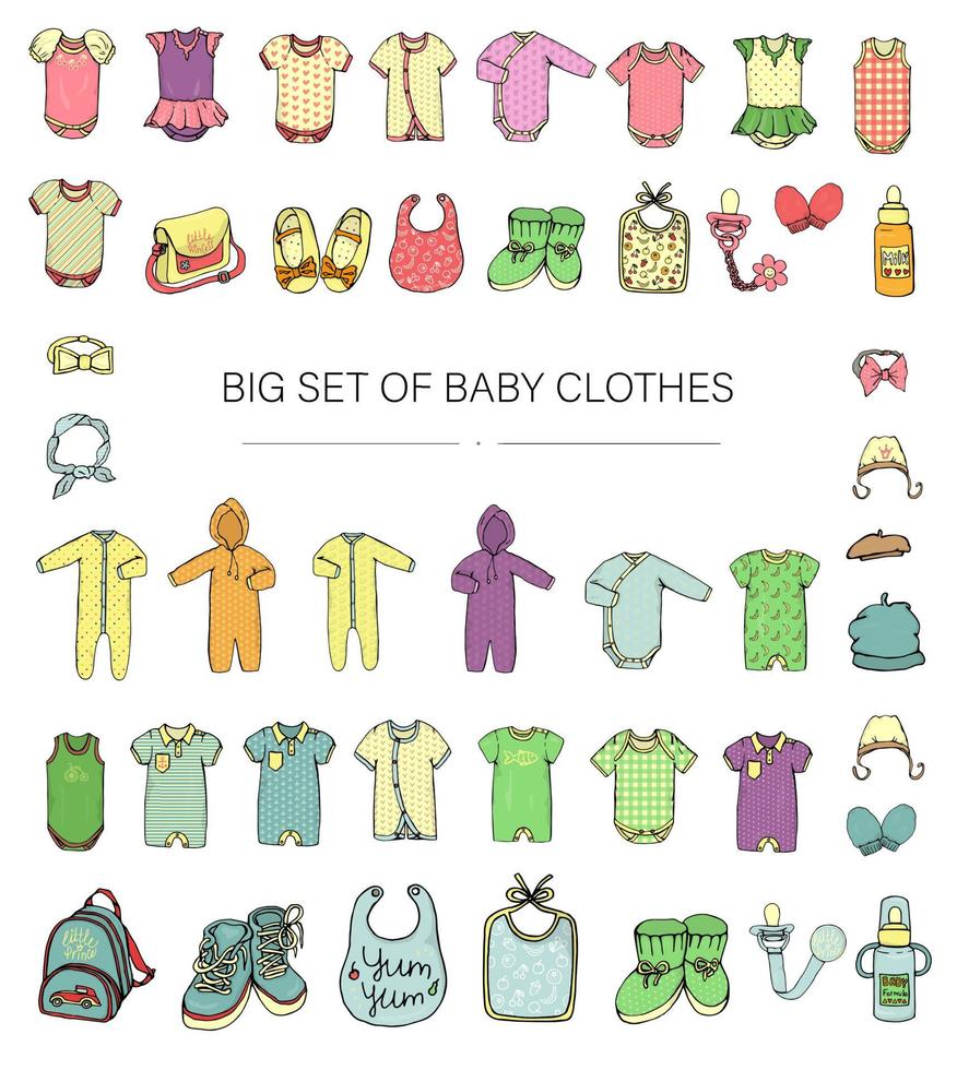 vectorillustratie van babykleding. baby jongen en meisje kleding set. kindermode set. stijlvolle kleding en accessoires voor kinderen geïsoleerd op een witte achtergrond vector