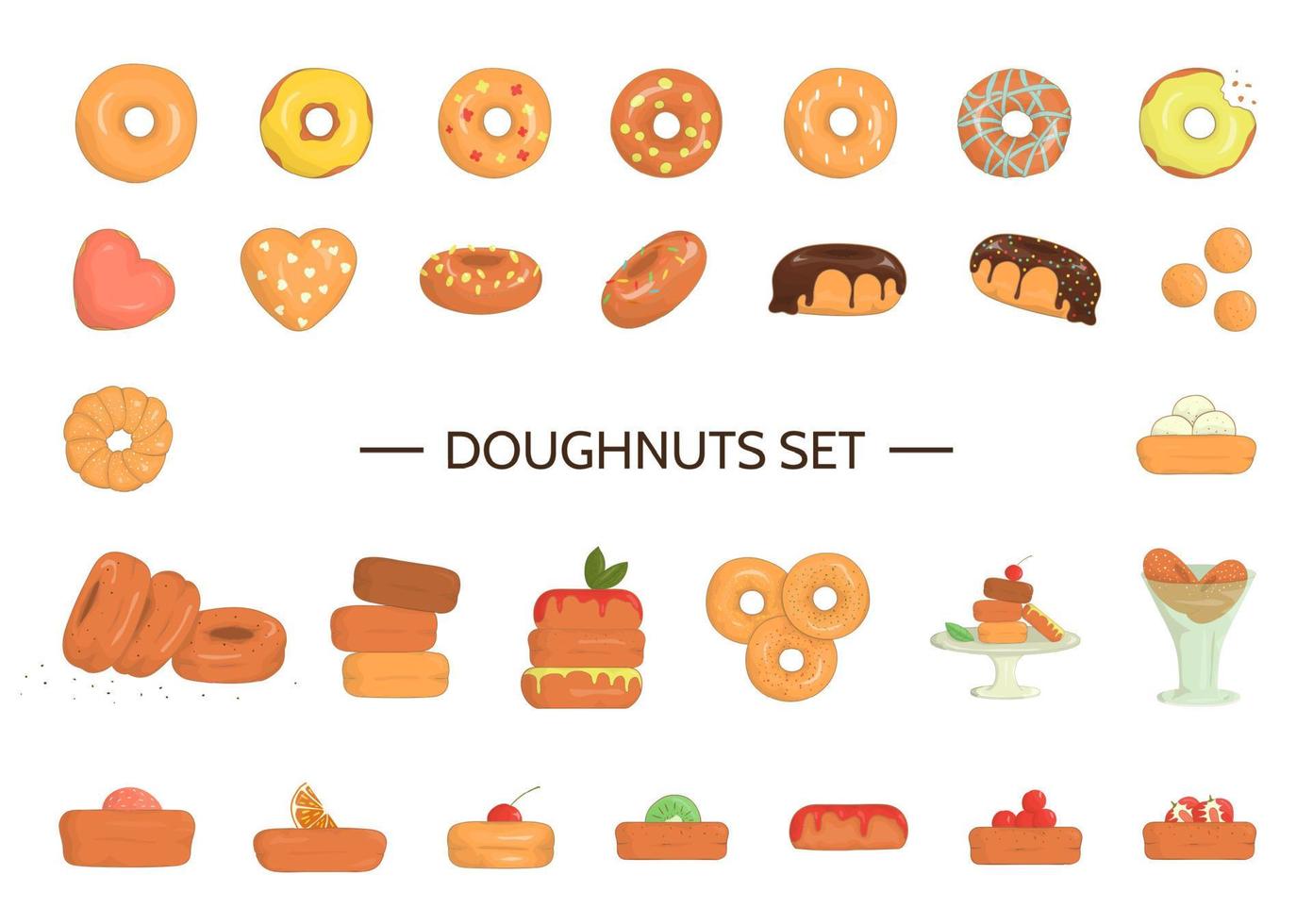 vectorillustratie van kleurrijke donuts. heldere donuts set. vrolijke verzameling zoete bakkerijproducten. tekening van taarten met glazuur en hagelslag geïsoleerd op een witte achtergrond vector