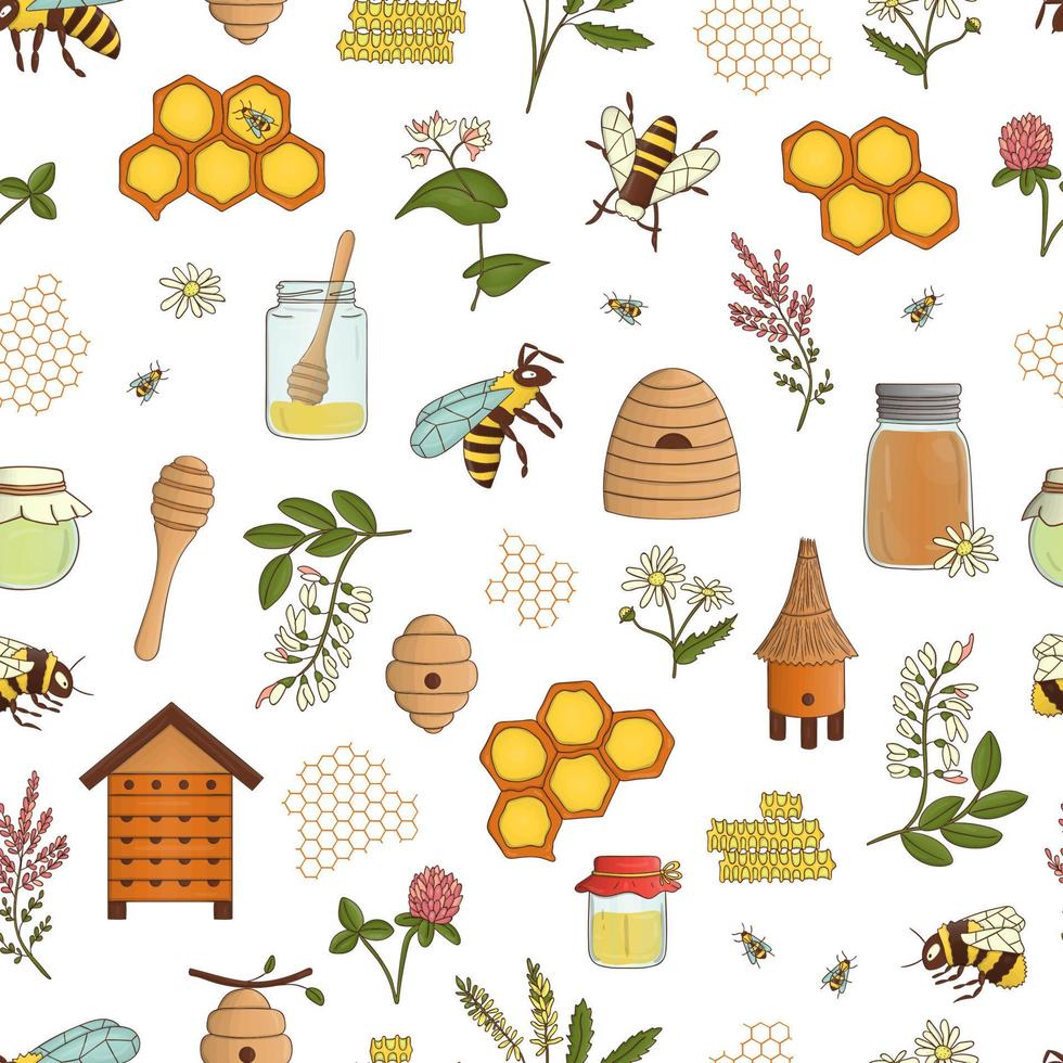 vector gekleurde naadloze patroon van honing, bij, hommel, bijenkorf, wesp, bijenstal, weide bloemen, honingraten, propolis, pot, lepel. kleurrijke herhalende achtergrond.