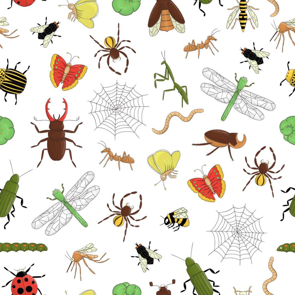 vector naadloze patroon van kleurrijke insecten. herhaal achtergrond met geïsoleerde heldere bij, hommel, mei-bug, vlieg, mot, vlinder, rups, spin, lieveheersbeestje, grond, hert kever