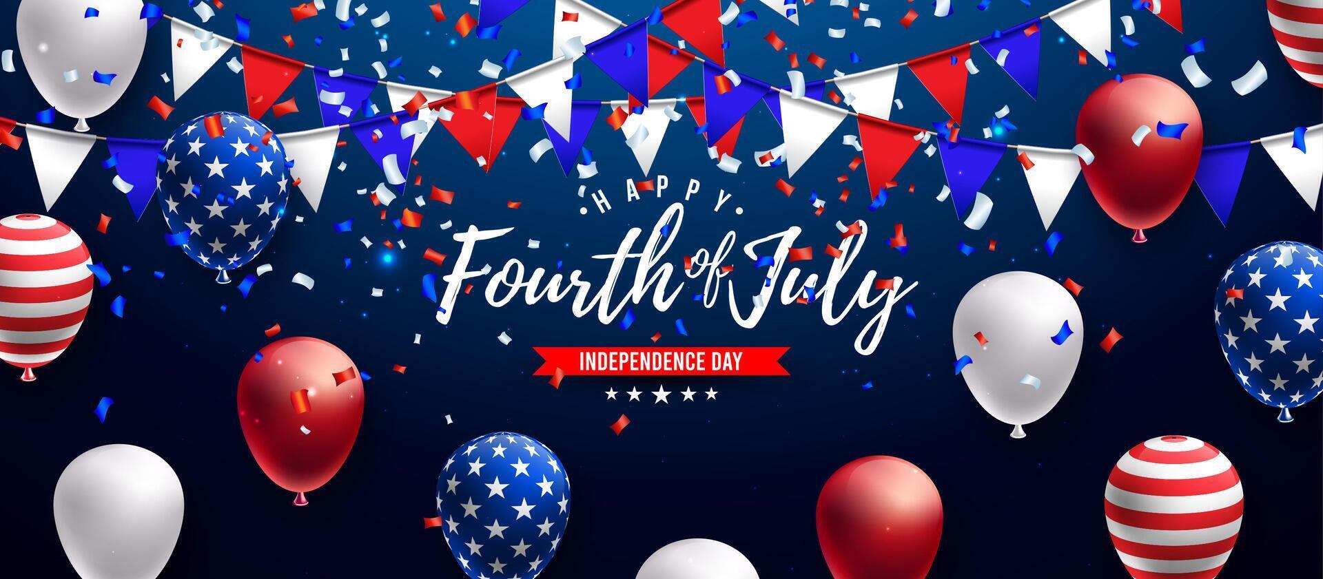 4e van juli onafhankelijkheid dag van de Verenigde Staten van Amerika illustratie met Amerikaans vlag patroon partij ballon en vallend confetti Aan donker blauw achtergrond. vierde van juli nationaal viering ontwerp met vector