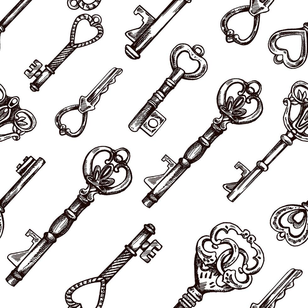 hand getekend naadloos patroon van wijnoogst decoratief sleutels schetsen met ingewikkeld smeden. inkt en pen tekening illustratie, sleutels Aan wit achtergrond. vector