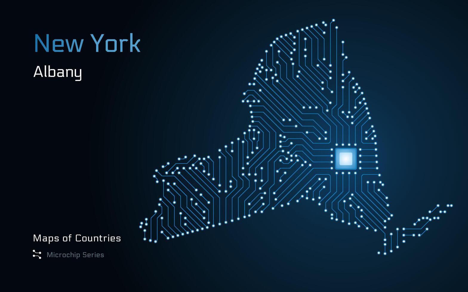 nieuw york staat kaart met een hoofdstad van albany getoond in een microchip patroon vector