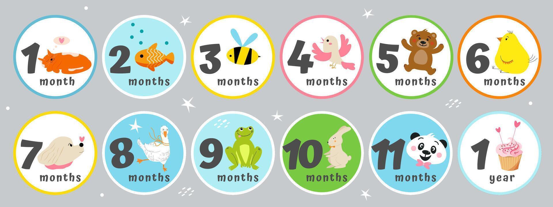 schattig baby stickers met maand van leeftijd, dieren, vogels, snoepgoed. vector