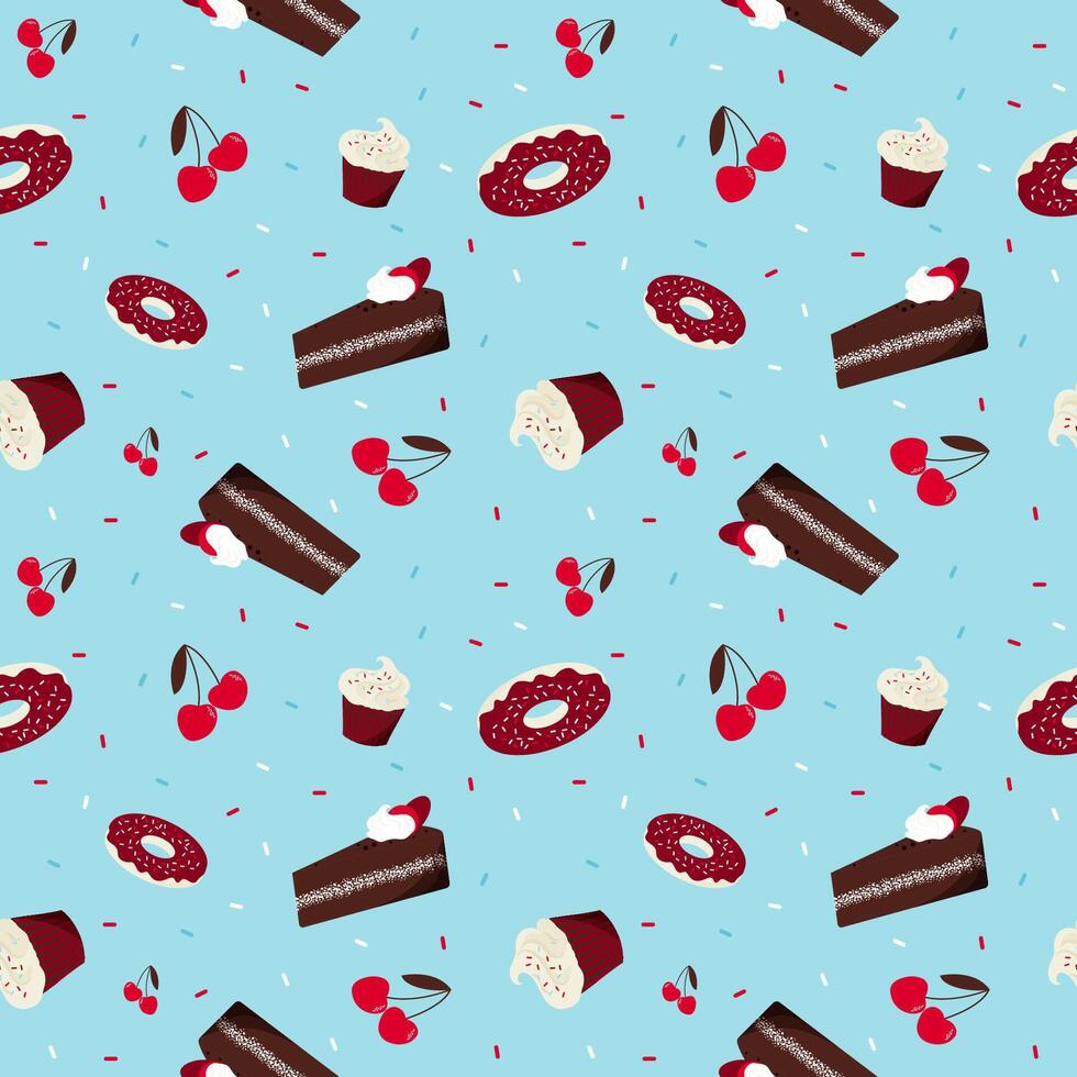 schattig naadloos patroon met kers en chocola smaak snoepgoed net zo cupcakes, donuts en cakes Aan een blauw achtergrond. vector