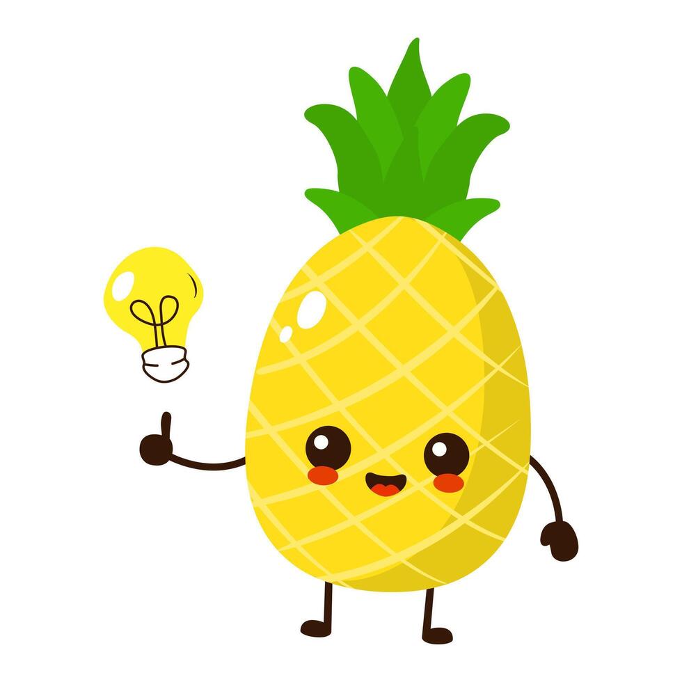 schattig grappig tekenfilm ananas fruit met idee licht lamp vector