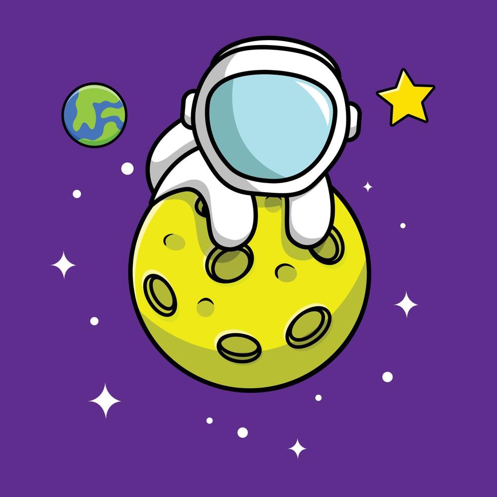 astronaut op de maan met aarde en ster cartoon vector pictogram illustratie