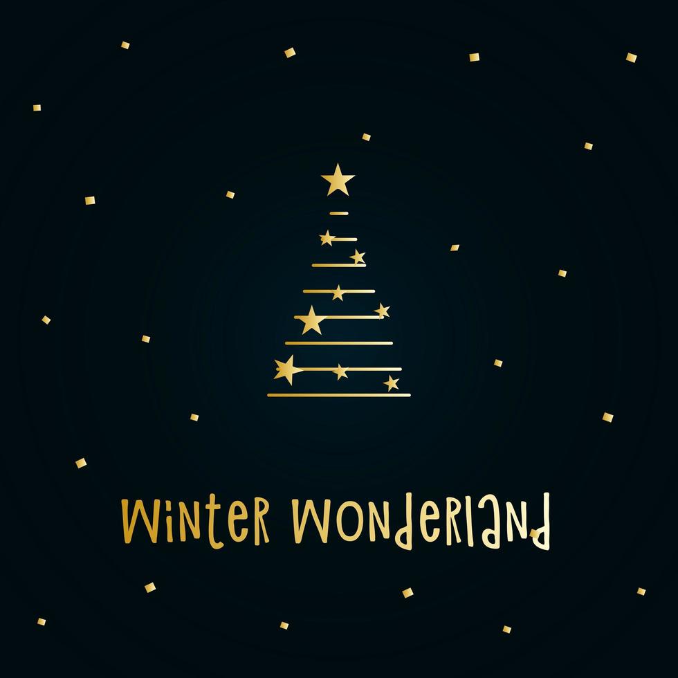 gouden silhouet van een kerstboom met sneeuw en sterren op een donkerblauwe achtergrond. prettige kerstdagen en gelukkig nieuwjaar 2022. vectorillustratie. winter Wonderland. vector