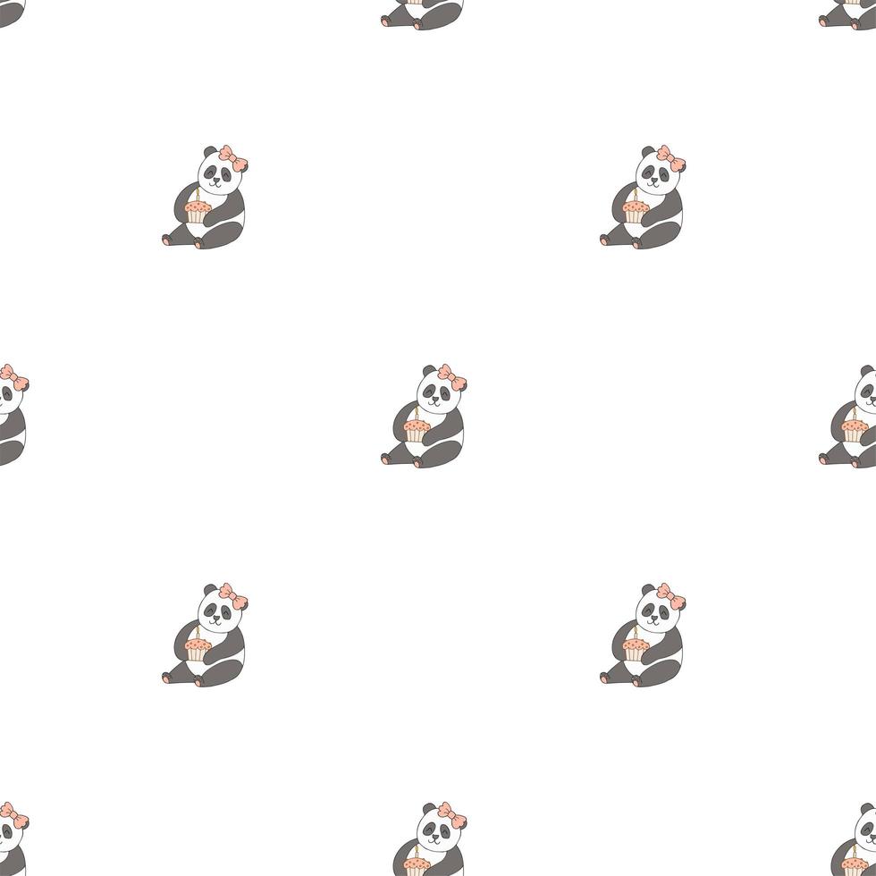 hand getekende schattige dieren. naadloos patroon. panda, cupcake met kaars. witte achtergrond. vector. vector