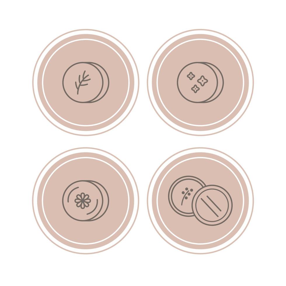 icon set van solide biologische shampoos en horen conditioners. haarverzorgingscosmetica in een aluminium pot met deksel. platte lijn pictogrammen in roze cirkels vector