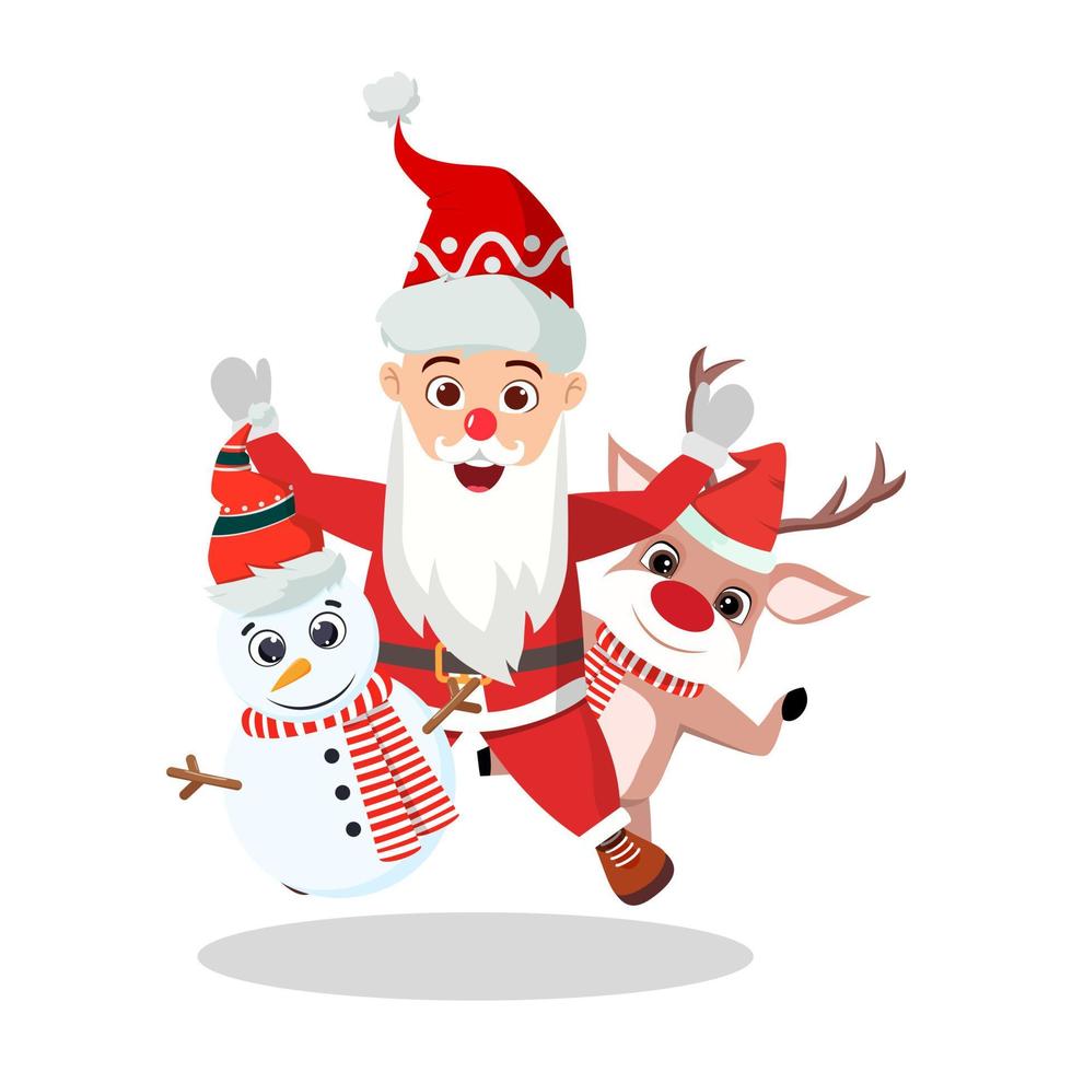 schattig, mooi, kerstman, karakter, bruine beren, en, sneeuwpop, karakter, vervelend, kerst outfit, staand, samen, en, zwaaiende, springt vector