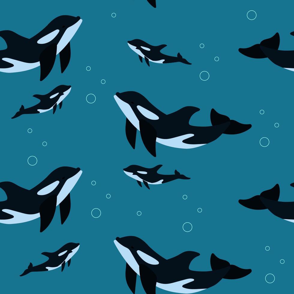 moordenaar walvis en welp achtergrond. inwoners van de zee wereld. schattig onderwater- vlak naadloos patroon. grappig onderwater- schepsels. vector