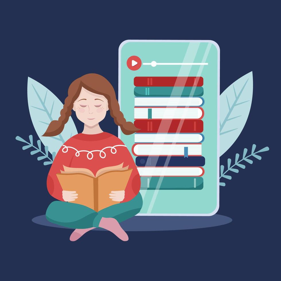 meisje is lezing boek. bibliotheek van boeken Aan smartphone. luisteren naar audioboeken. vector