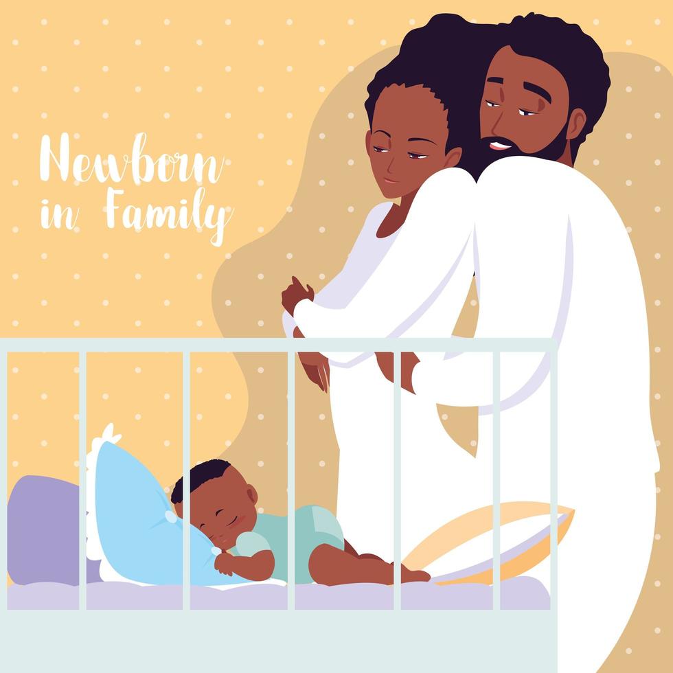 pasgeboren in gezin met ouders afro en jongen slapen in wieg vector