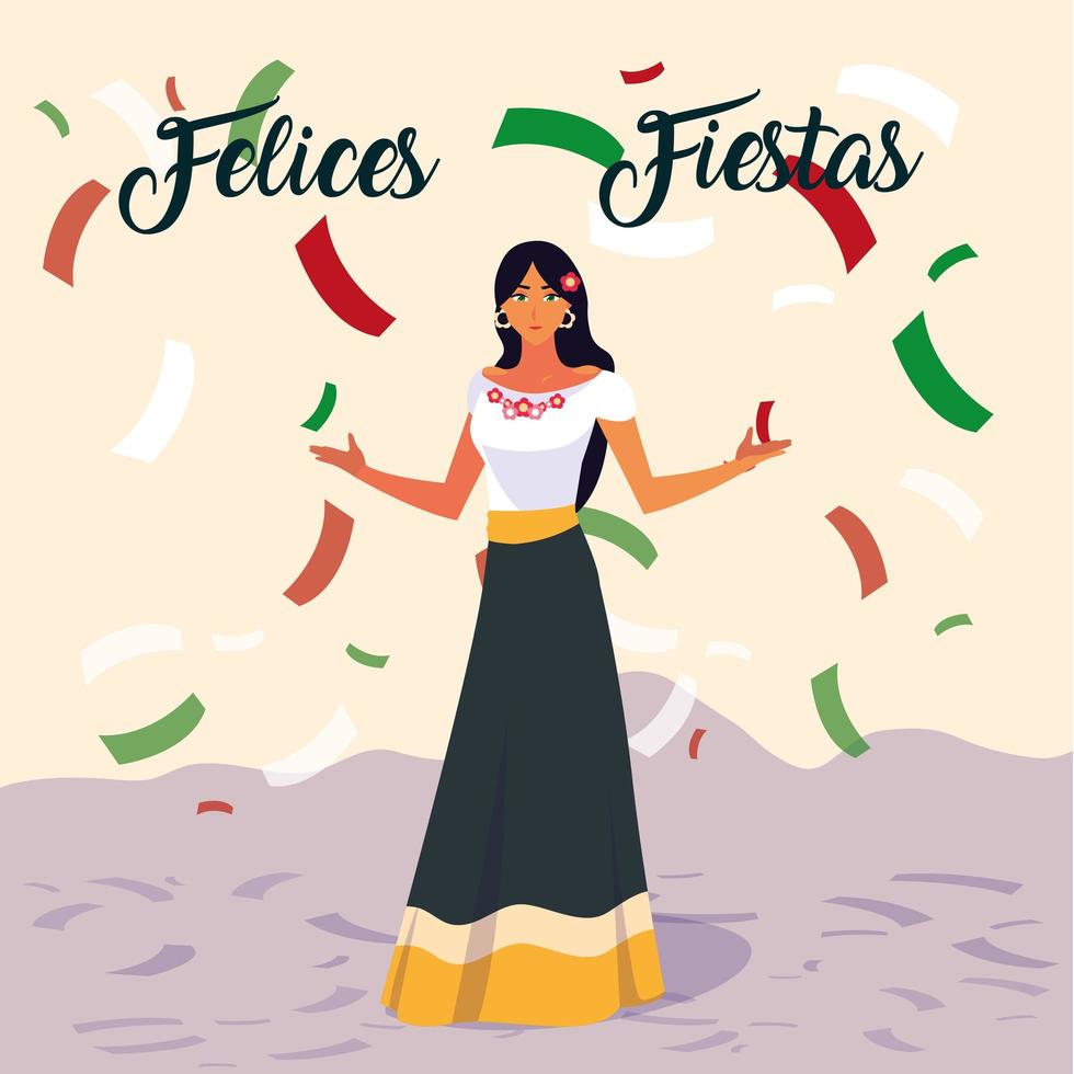 felices fiestas label met vrouw met typisch Mexicaans kostuum vector