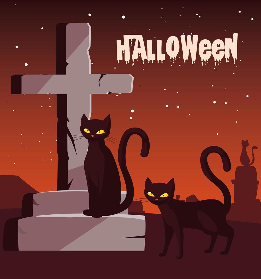 poster van halloween met katten op begraafplaats vector