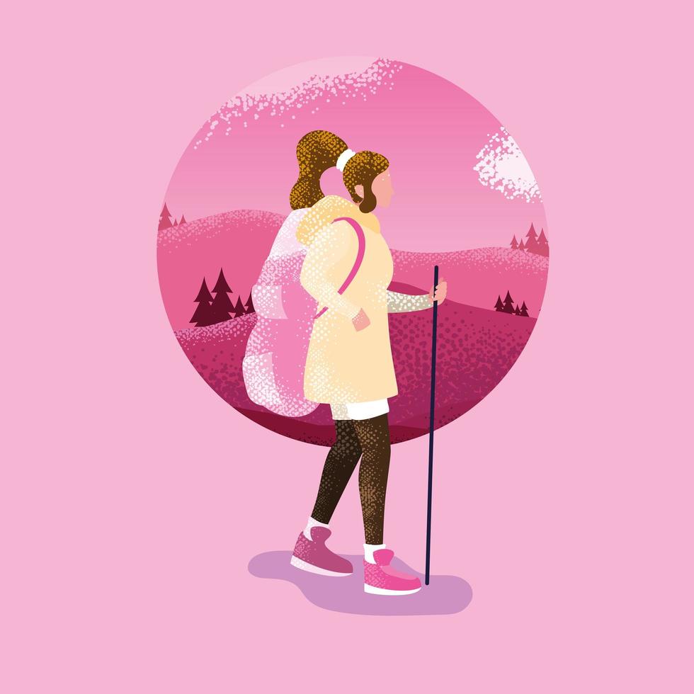 vrouw in landschap natuur roze scène icon vector