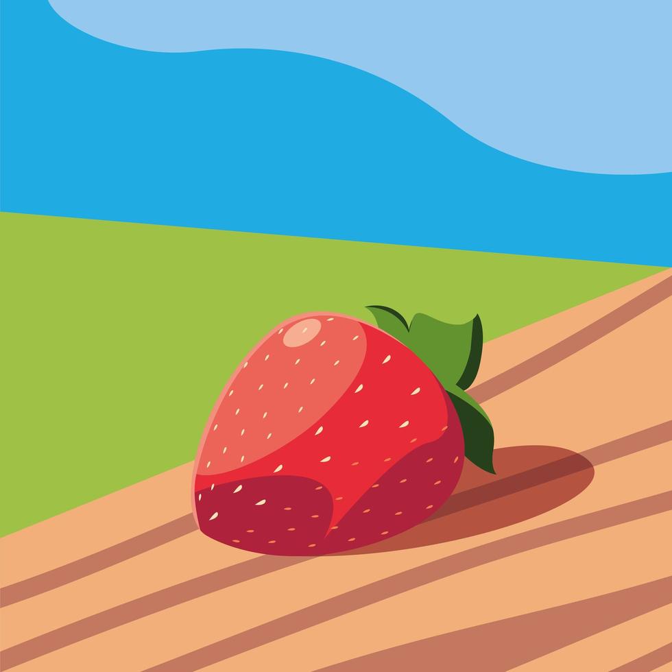 vers aardbeienfruit in houten tafel en landschap vector