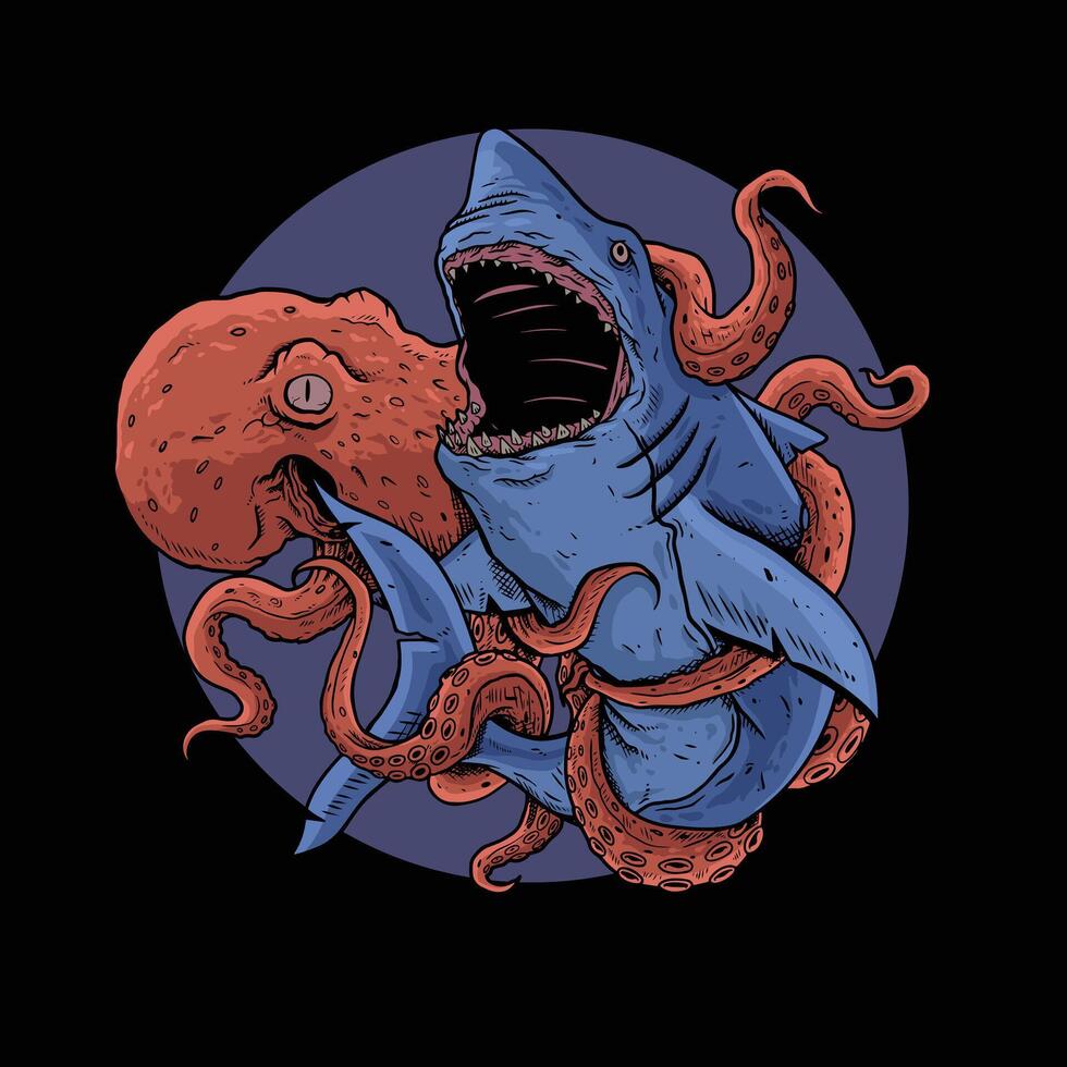 Octopus en haai vechten, illustratie van dieren vechten vector