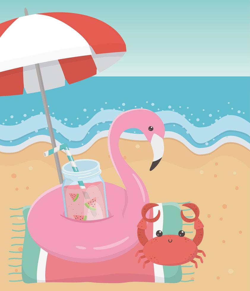 zomer reizen en vakantie krab handdoek strand zee sap float flamingo vector