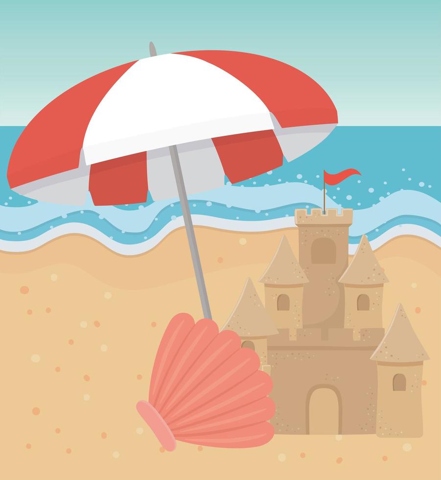 zomer reizen en vakantie paraplu shell zandkasteel strand vector
