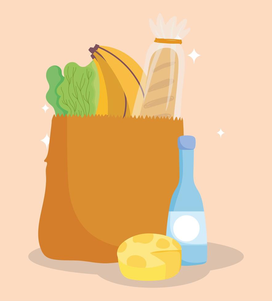 online markt, tas kaasfles brood banaan en sla, eten bezorgen in supermarkt vector