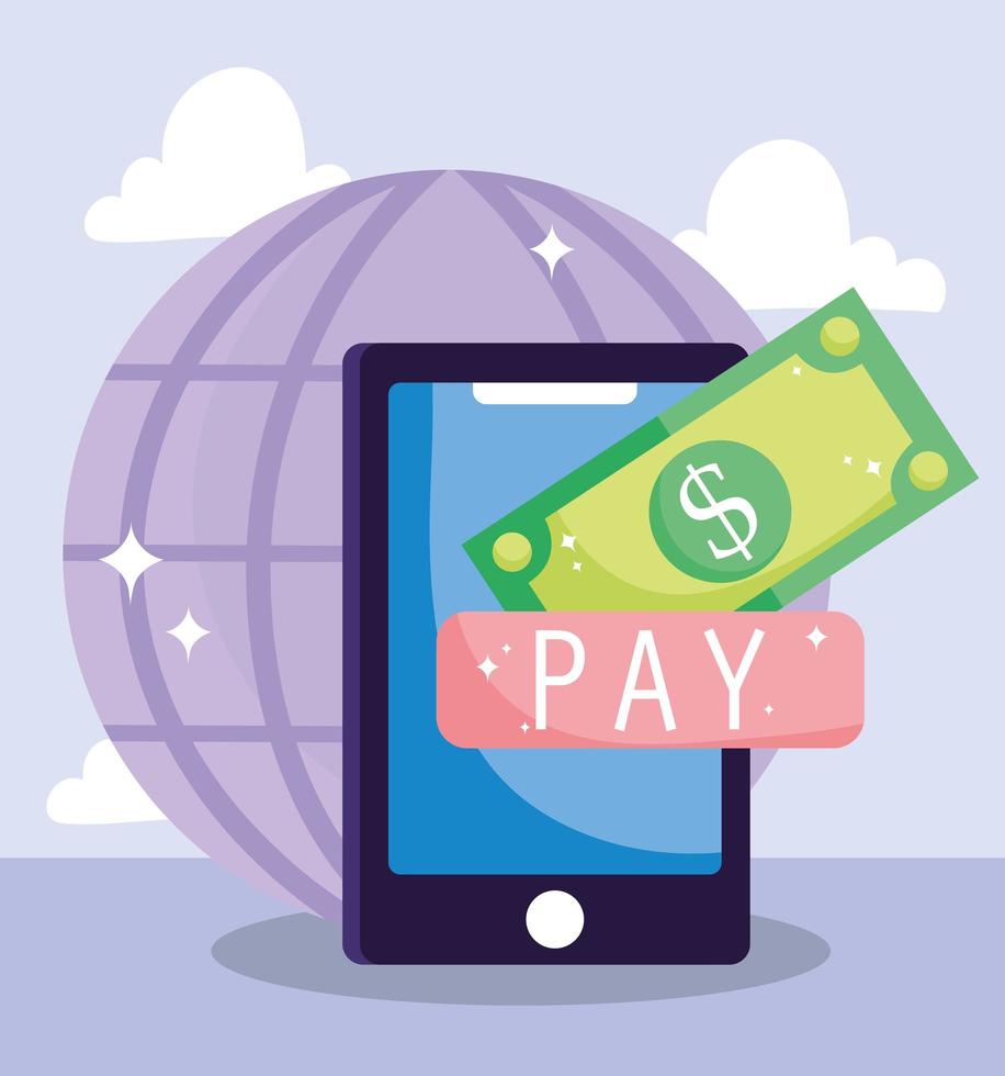 online betaling, smartphone bankbiljet geld wereld betaalknop, e-commerce markt winkelen, mobiele app vector