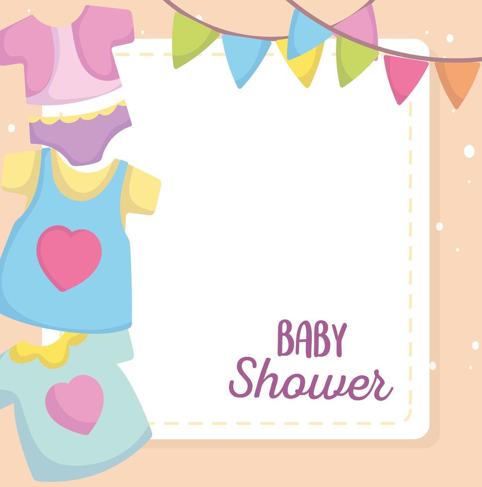 babyshower, kleine kleding mode tekenfilm, kleine aankondiging pasgeboren welkomstkaart vector