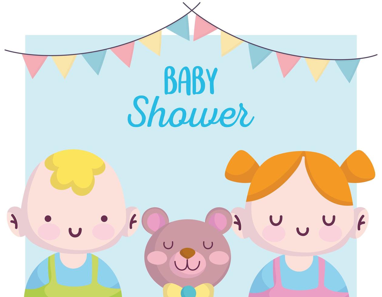 babyshower, kleine jongen en meisje met schattige beer, kondig pasgeboren welkomstkaart aan vector