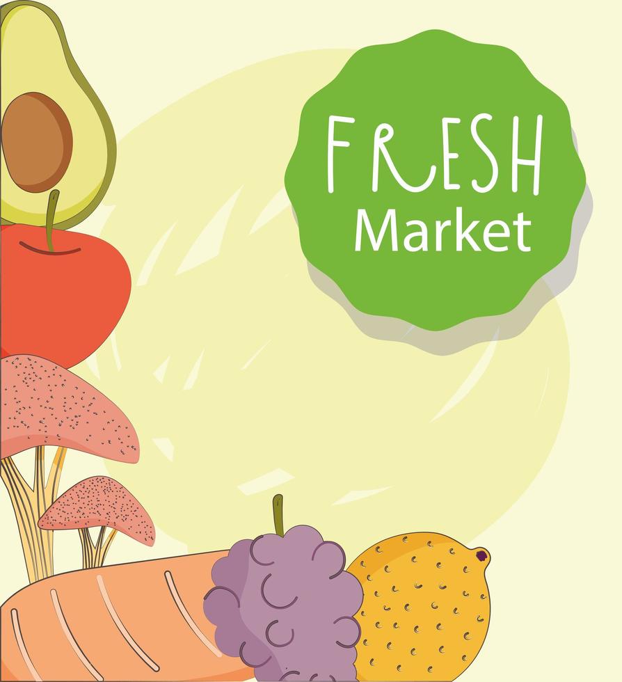 verse markt biologisch gezond voedsel met groenten en fruit oogst poster vector