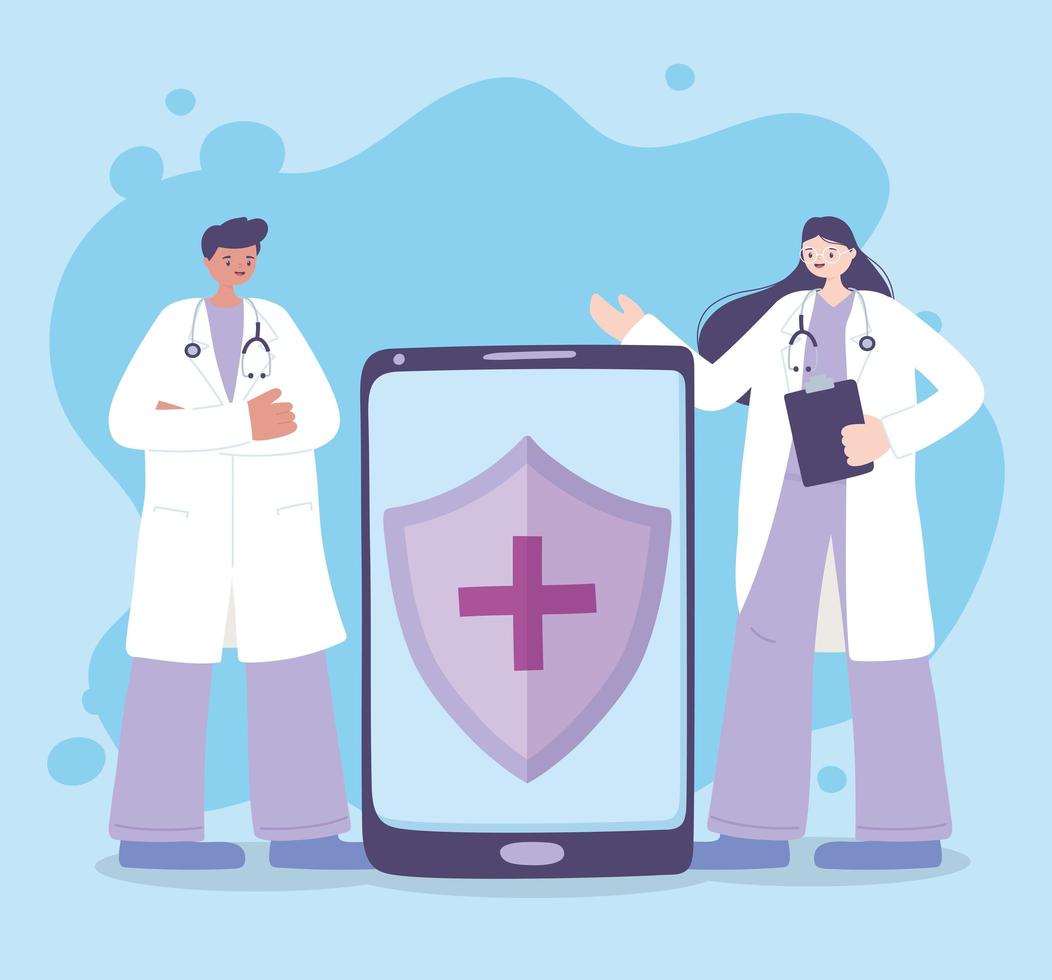 telegeneeskunde, vrouwelijke en mannelijke arts smartphone medische behandeling en online gezondheidszorg vector