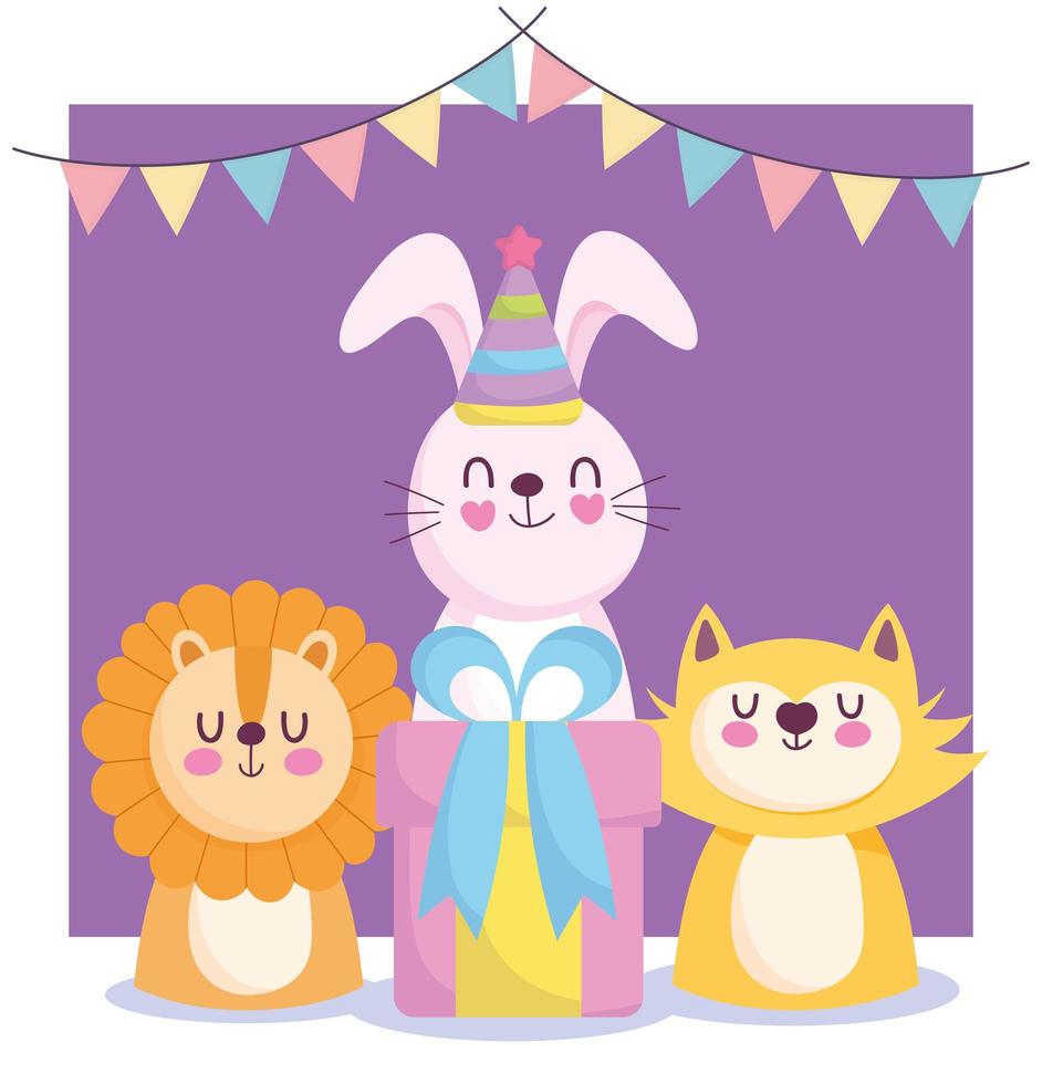 baby shower, schattige konijn kat leeuw met geschenkdoos cartoon, kondig pasgeboren welkomstkaart aan vector