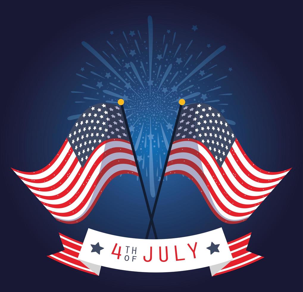 usa vlaggen met 4 juli lint en vuurwerk vector design