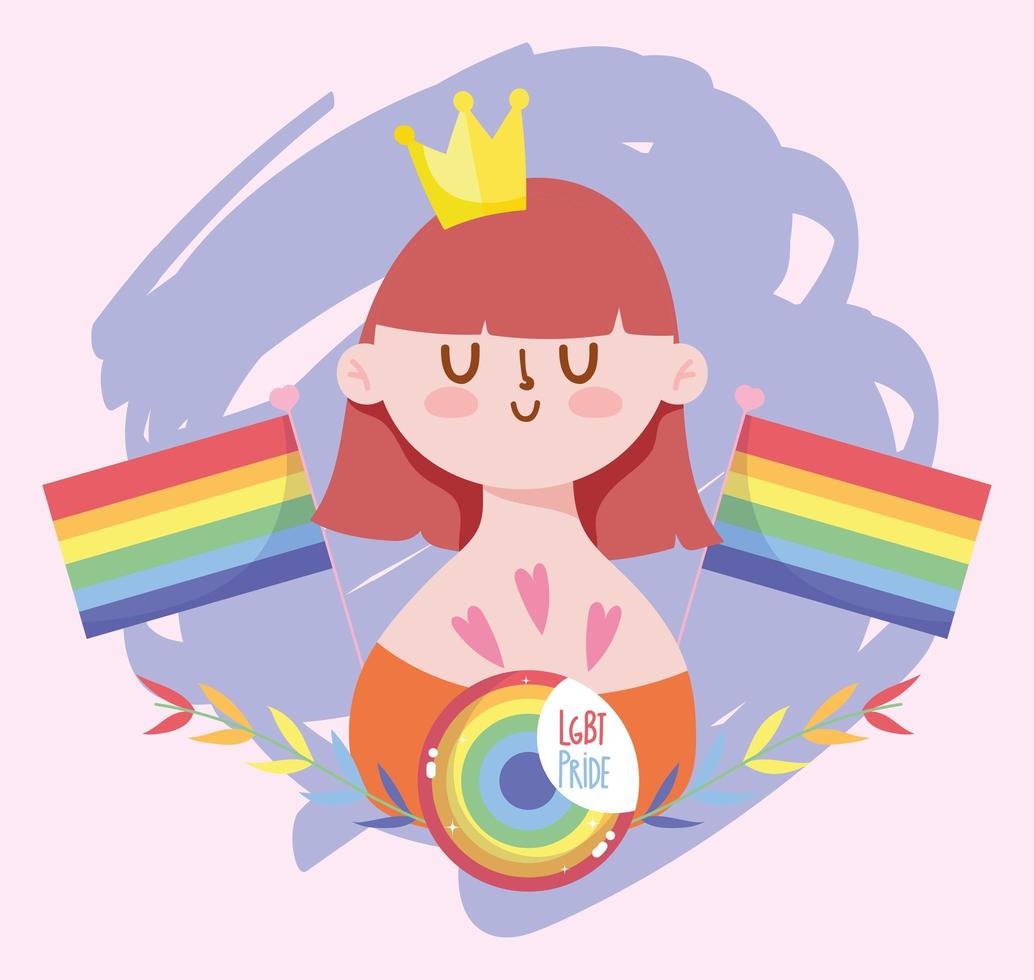 meisjescartoon met kroon en lgtbi-vlaggen vectorontwerp vector