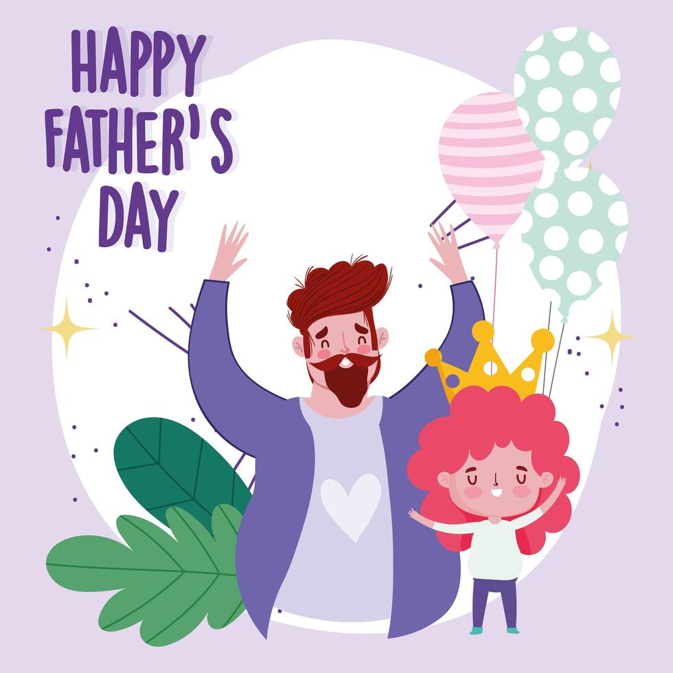 gelukkige vadersdag, vader met ballon en zoon met kroon cartoonkaart vector