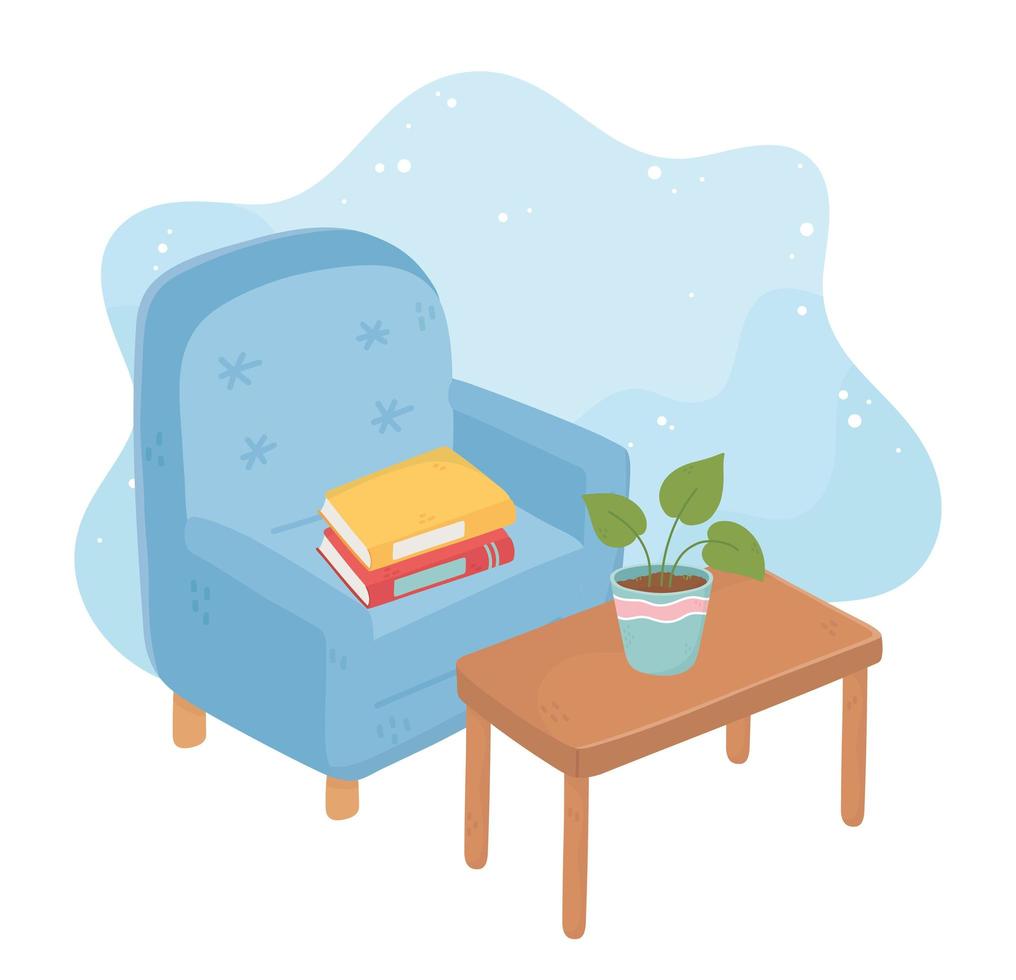 sweet home fauteuil met boeken potplant op tafel vector