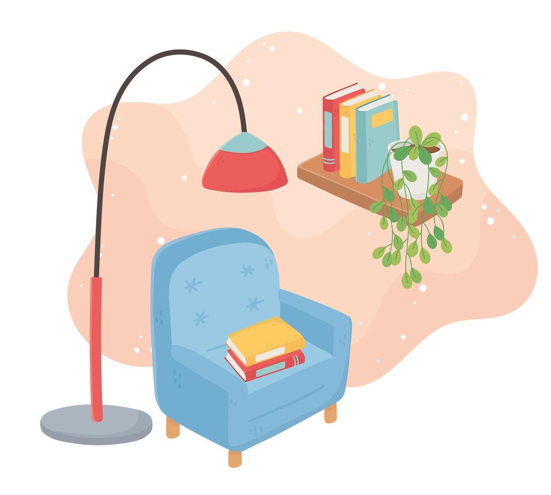 sweet home fauteuil met boeken vloerlamp, potplantenboeken op plank vector