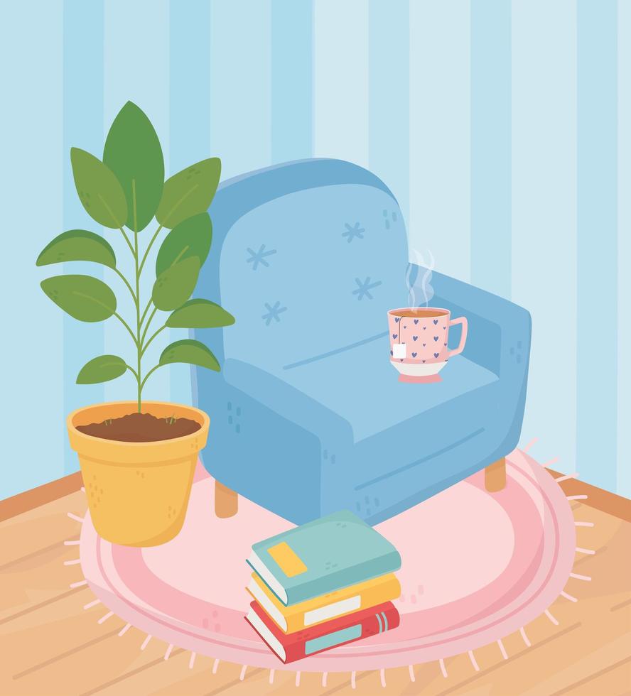 sweet home fauteuil met theekop en stapel boeken potplant vector