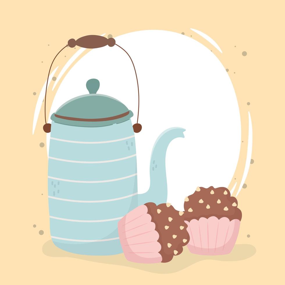 koffietijd, heerlijke cupcakes waterkoker verse aroma drank vector