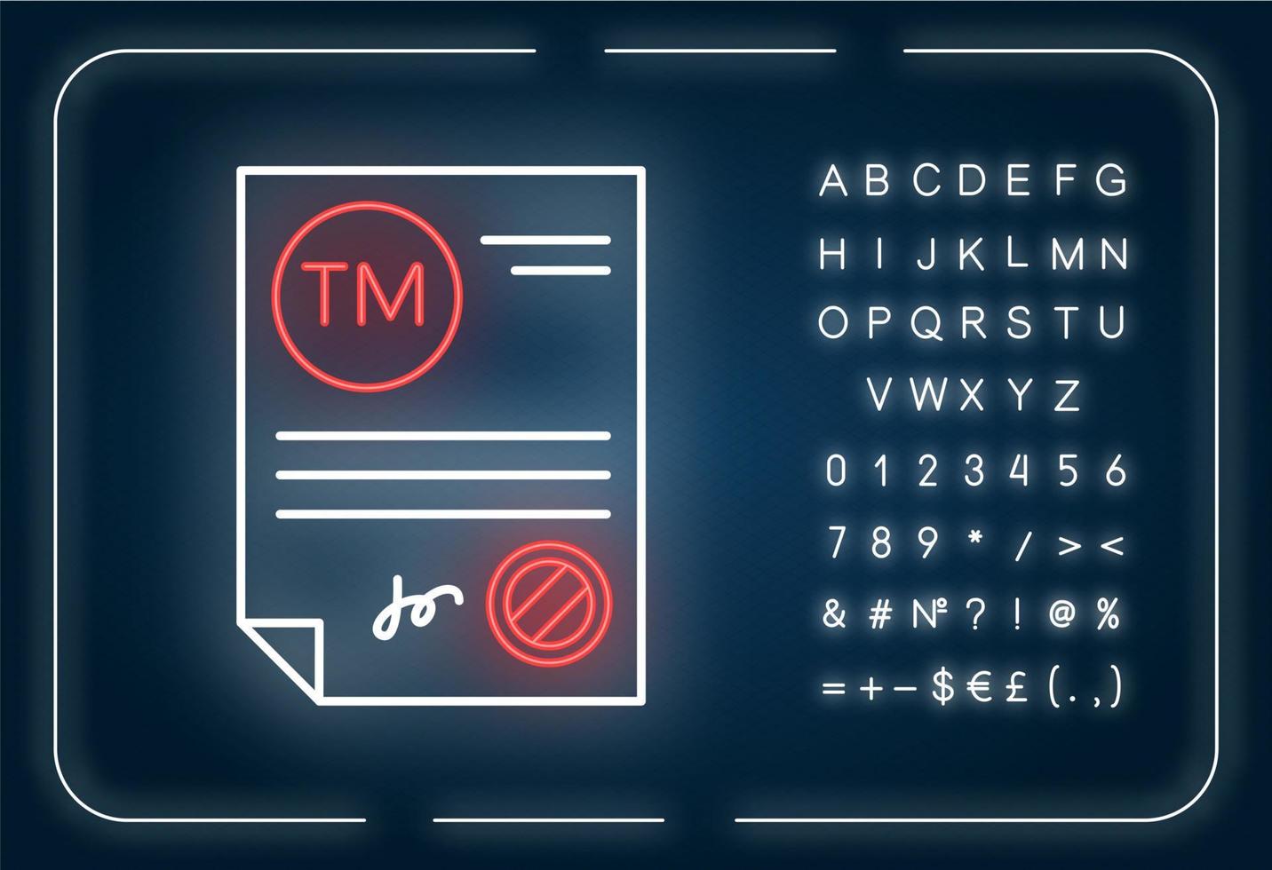 handelsmerk certificaat neonlicht icoon. keurmerk. merknaam registratie. buitenste gloeiende effect. bord met alfabet, cijfers en symbolen. vector geïsoleerde rgb-kleurenillustratie