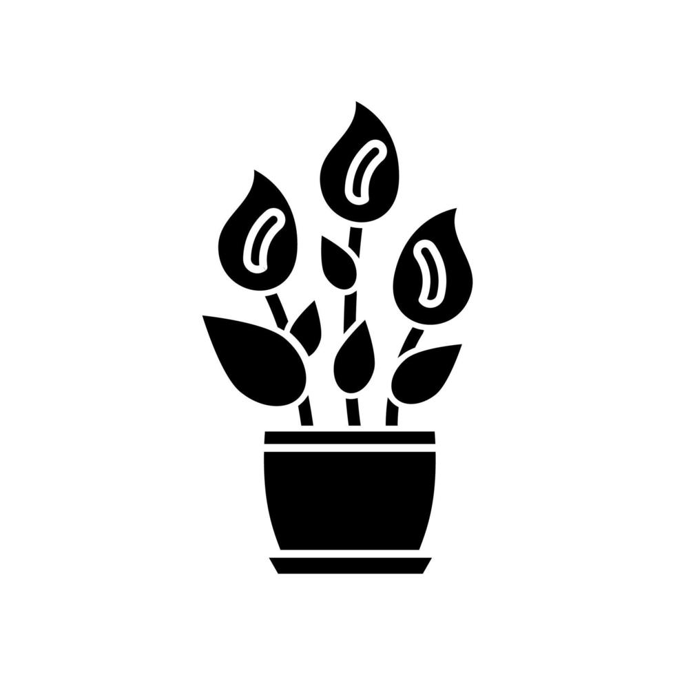 vrede lelie zwarte glyph pictogram. spathiphyllum wallisii. bloeiende binnenplant. sierlijke kastplant met witte bloemen. kamerplant. silhouet symbool op witte ruimte. vector geïsoleerde illustratie