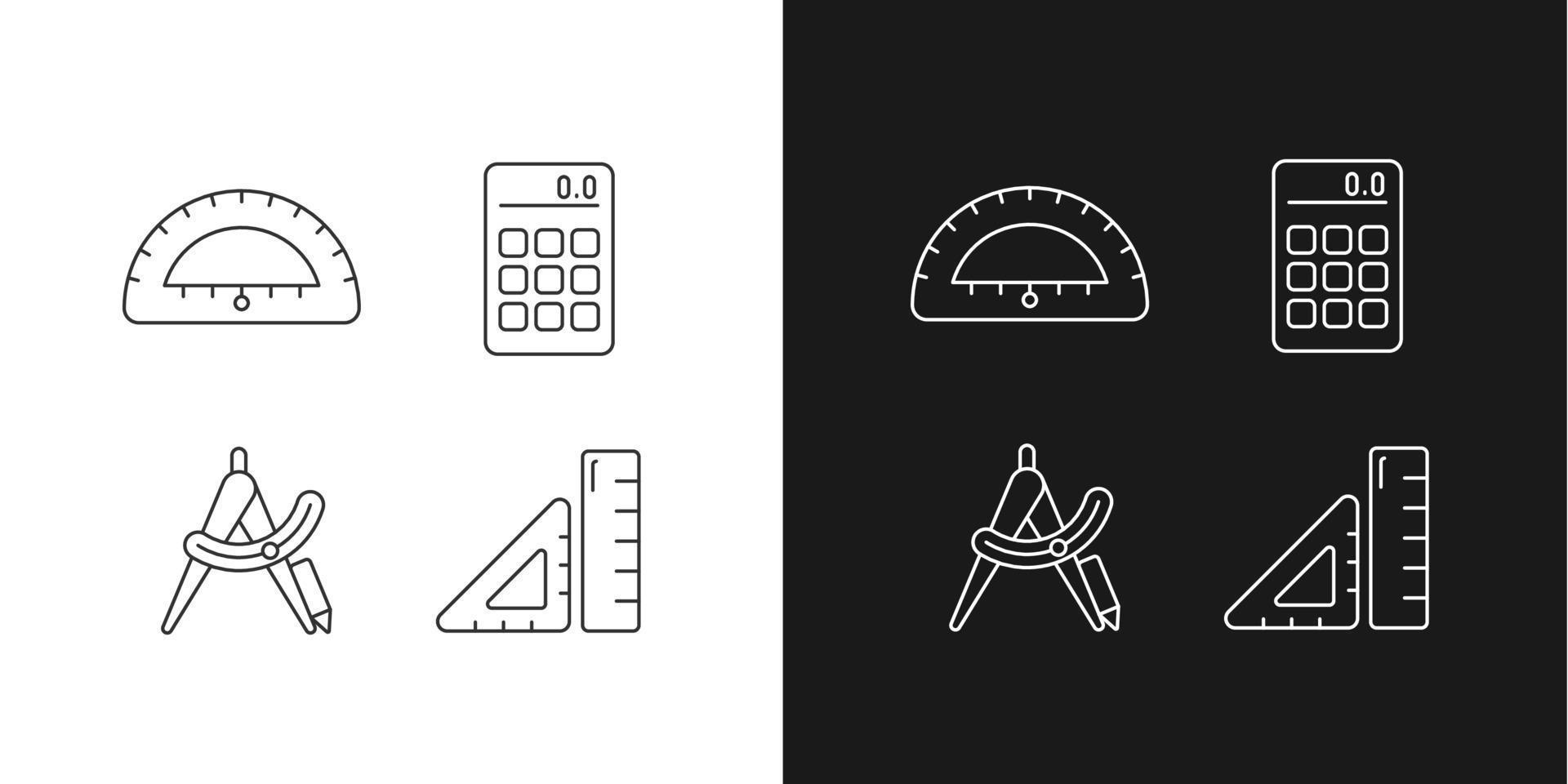 architectuur student tools lineaire pictogrammen instellen voor donkere en lichte modus. benodigdheden opstellen. rekenmachine. kompas hulpmiddel. aanpasbare dunne lijn symbolen. geïsoleerde vectoroverzichtsillustraties. bewerkbare streek vector