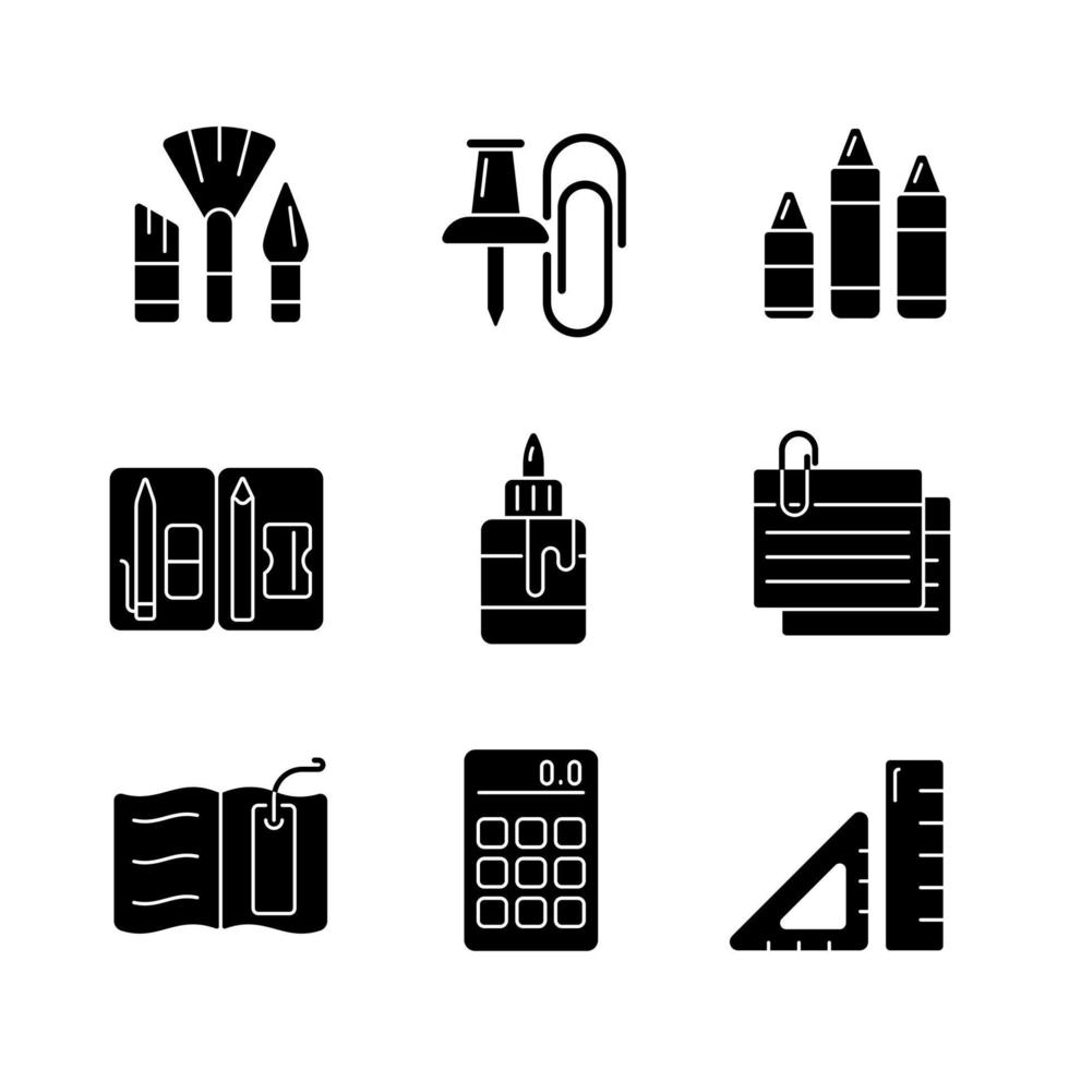 school essentiële apparatuur zwarte glyph pictogrammen instellen op witruimte. verf kwasten. kantoor artikelen. potlood zakje. lijm fles. indexkaart. bladwijzer. silhouet symbolen. vector geïsoleerde illustratie