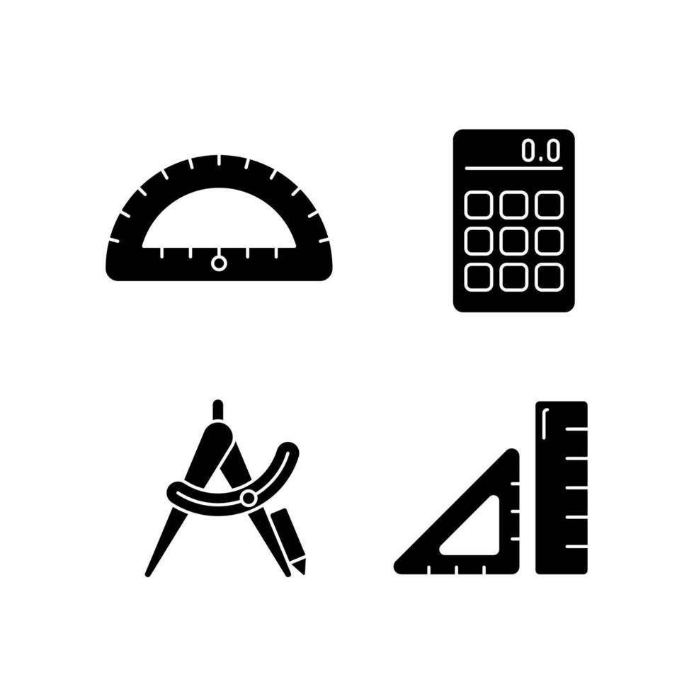 architectuur student tools zwarte glyph pictogrammen instellen op witruimte. benodigdheden opstellen. rekenmachine. kompas hulpmiddel. regel, gradenboog voor meetkundeklasse. silhouet symbolen. vector geïsoleerde illustratie