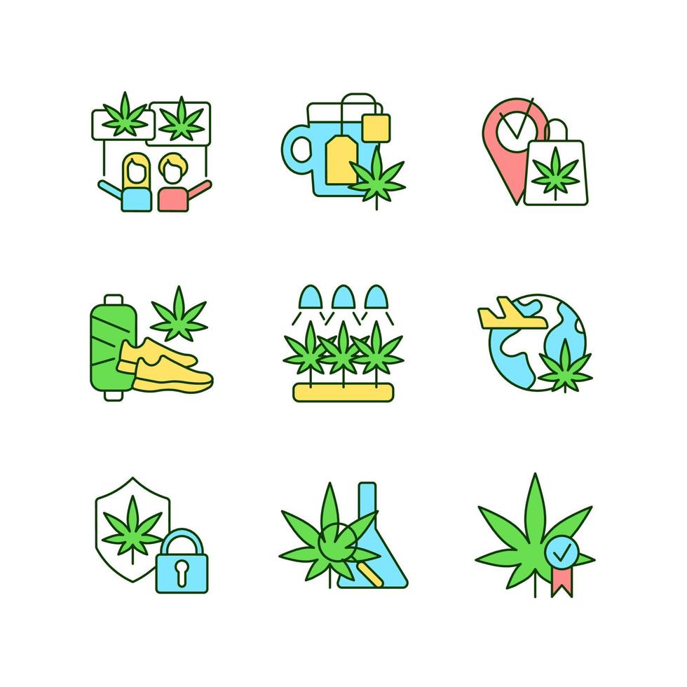 cannabis gebruik rgb kleur iconen set. marihuana cultuur. recreatief gebruik. hennep verkoop, verzending. plant groeit. geïsoleerde vectorillustraties. eenvoudige gevulde lijntekeningencollectie. bewerkbare streek vector